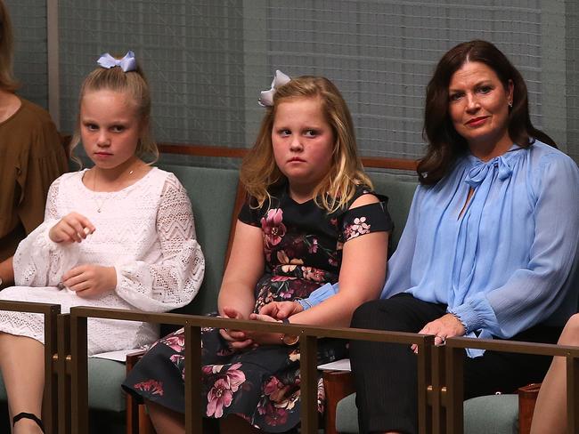 Scott Morrison’s daughters Abbey and Lily and his wife Jenny. Picture: Kym Smith