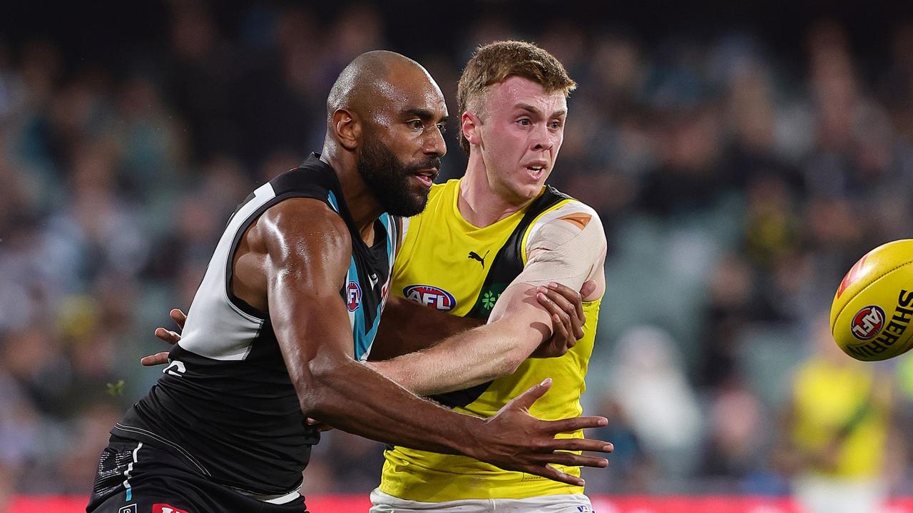 Young Tigers defender Tom Brown (right) is going to have surgery on both shoulders this off-season. Picture: Sarah Reed / Getty Images