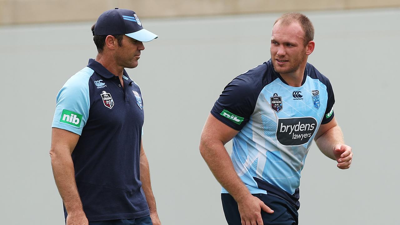 Coach Brad Fittler with Matt Lodge during the NSW Emerging Blues training session. Picture. Phil Hillyard