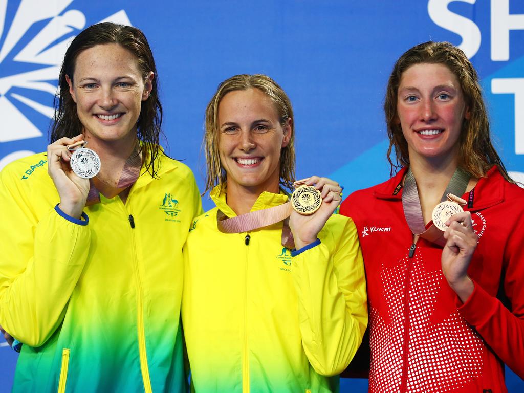 Silver medalist Cate Campbell, gold medalist Bronte Campbell and bronze medalist Taylor Ruck of Canada. Picture: Clive Rose/Getty Images