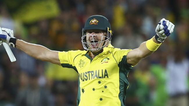 ADELAIDE, AUSTRALIA - MARCH 20: Shane Watson celebrates victory during the 2015 ICC Cricket World Cup match between Australian and Pakistan at Adelaide Oval on March 20, 2015 in Adelaide, Australia. (Photo by Ryan Pierse/Getty Images)