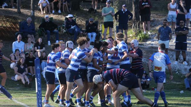 Nudgee College CELEBRATE a try Picture by Richard Gosling