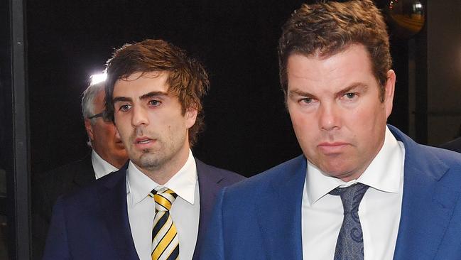 Andrew Gaff and his manager Paul Connors at the AFL tribunal. Picture: Jason Edwards