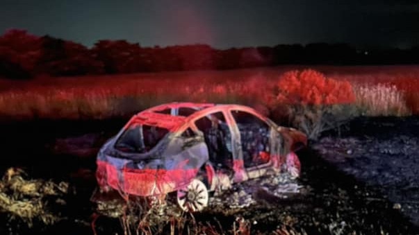 Multiple CFA crews attended the scene of a Tesla electric vehicle fire in Diggers Rest late Tuesday night. Picture: Supplied