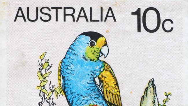 The golden-shouldered parrot on a 1980 postage stamp.