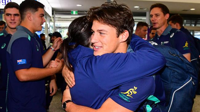 Michael McDonald arrives at Sydney International Airport with the Junior Wallabies after finishing second in the World Rugby U20s Championship in Argentina. Picture: Rugby AU Media