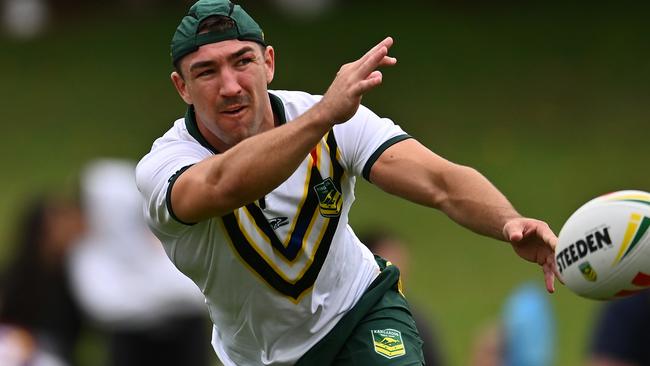 BRISBANE, AUSTRALIA - OCTOBER 13: Reece Robson trains during a Australia Kangaroos training session at Norths Devils on October 13, 2024 in Brisbane, Australia. (Photo by Albert Perez/Getty Images)