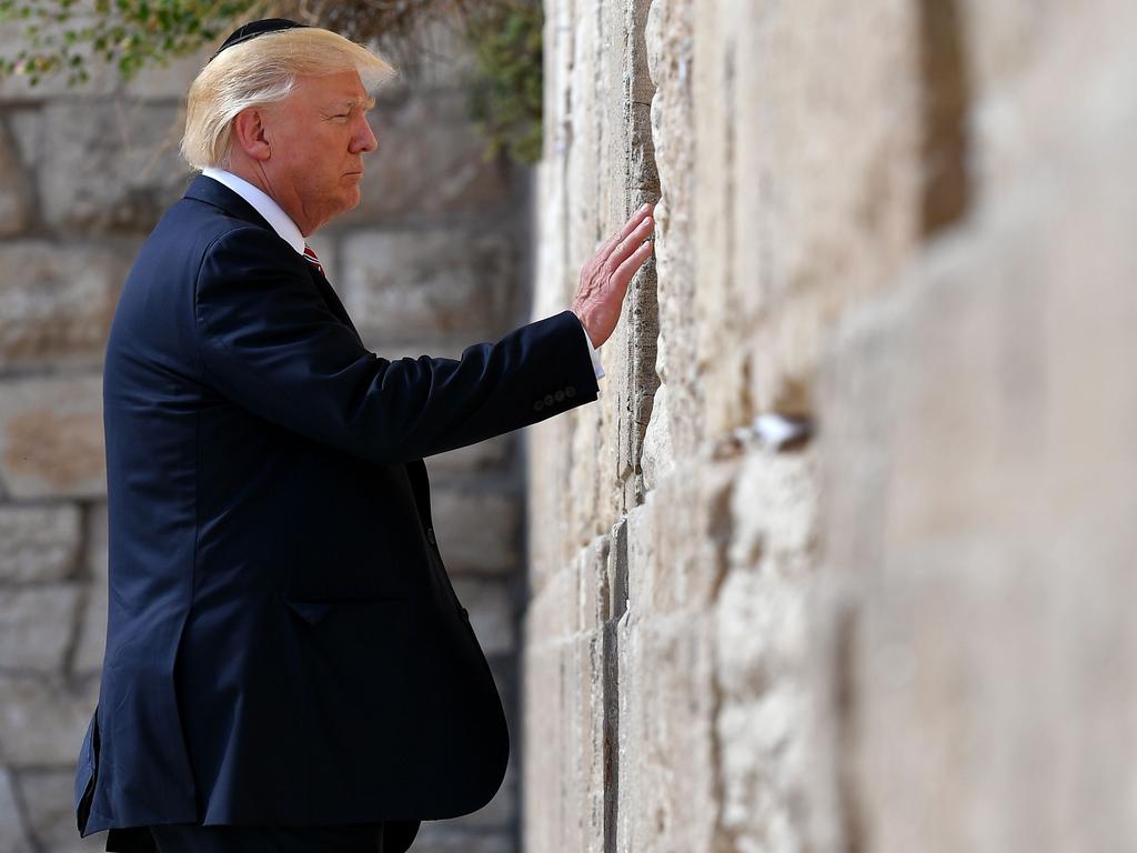 Donald Trump visits the Western Wall, the holiest site where Jews can pray, in Jerusalem’s Old City. Picture: AFP