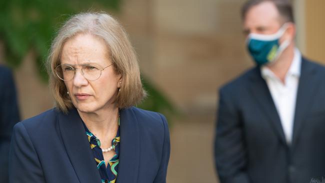 Chief health officer Dr Jeannette Young, with Deputy Premier Steven Miles in the background, during a press conference announcing the extension to the Covid-19 lockdown. PICTURE: Brad Fleet