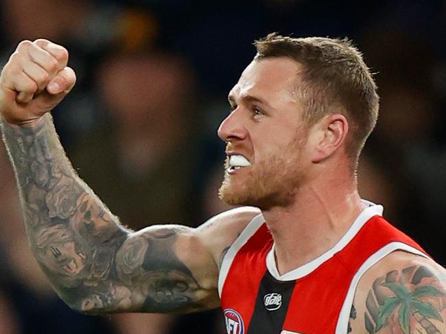 MELBOURNE, AUSTRALIA - JULY 01: Tim Membrey of the Saints celebrates a goal during the 2022 AFL Round 16 match between the Carlton Blues and the St Kilda Saints at Marvel Stadium on July 01, 2022 in Melbourne, Australia. (Photo by Michael Willson/AFL Photos via Getty Images)