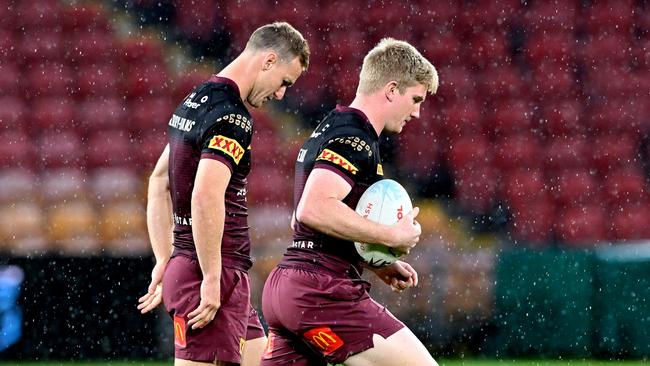 Queensland’s halves partners Tom Dearden (R) and Daly Cherry-Evans at Suncorp Stadium. Picture: Bradley Kanaris/Getty