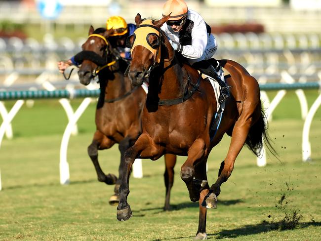 Stephanie Thornton rides Star Of Michelin to victory in the QTIS 3YO Handicap.