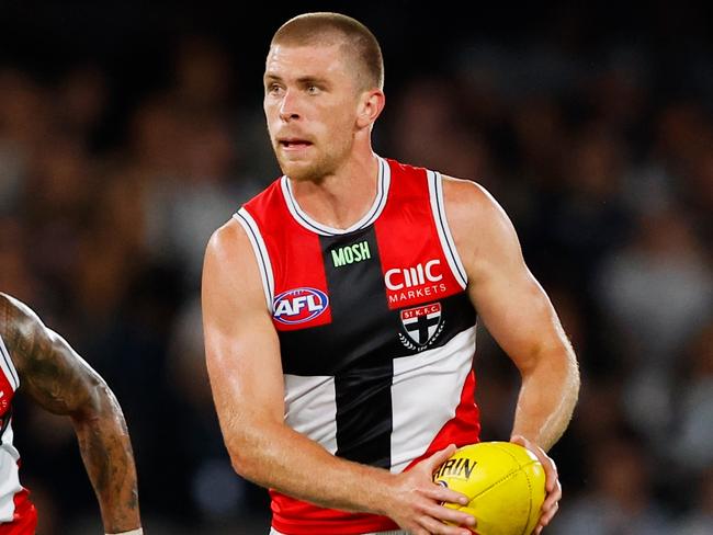 MELBOURNE, AUSTRALIA - APRIL 23: Sebastian Ross of the Saints in action during the 2023 AFL Round 06 match between the Carlton Blues and the St Kilda Saints at Marvel Stadium on April 23, 2023 in Melbourne, Australia. (Photo by Dylan Burns/AFL Photos via Getty Images)