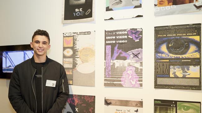 Cristian Varvakis, Marist College Eastwood, with his work 'Whispers of light and noise'. Picture: Mim Stirling