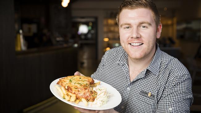 Hunters Hill Hotel manager Paddy Walshe with the pub’s parmi, which has made the shortlist in the Australian Hotels Associations NSW Awards. Picture: Dylan Robinson