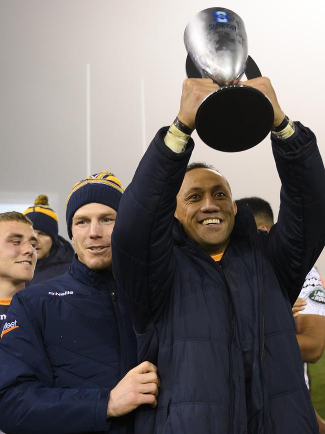 Christian Lealiifano and David Pocock of the Brumbies celebrate after the Round 18 Super Rugby match between the ACT Brumbies and the Queensland Reds. Picture: AAP Image/Rohan Thomson