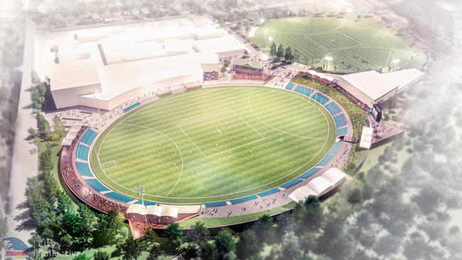 A view from above (artist impression) of the Adelaide Crows new base at Thebarton Oval. Picture: City Collective