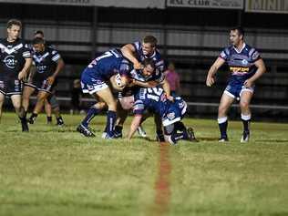 Maryborough Brothers Nick Golusin and Joshua Clow wrap up an Eastern Suburbs player in round 4 BRL action at Eskdale Park. Picture: Brendan Bowers