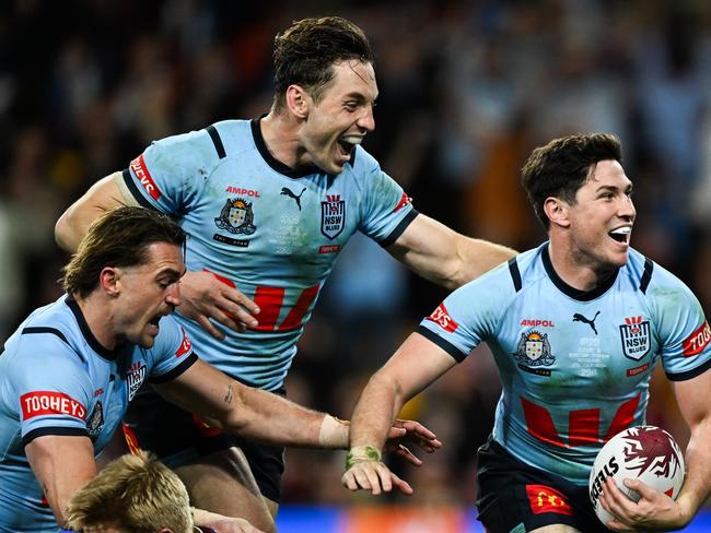 Mitchell Moses celebrates a try with the Blues. Picture: NRL Photos