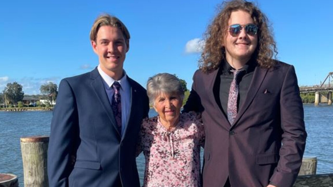 Toby Hill, Mary Hicks and Henry Stranlund. Year 12 Macksville High School formal on the banks of the Nambucca River, November 10, 2022. Picture: Chris Knight