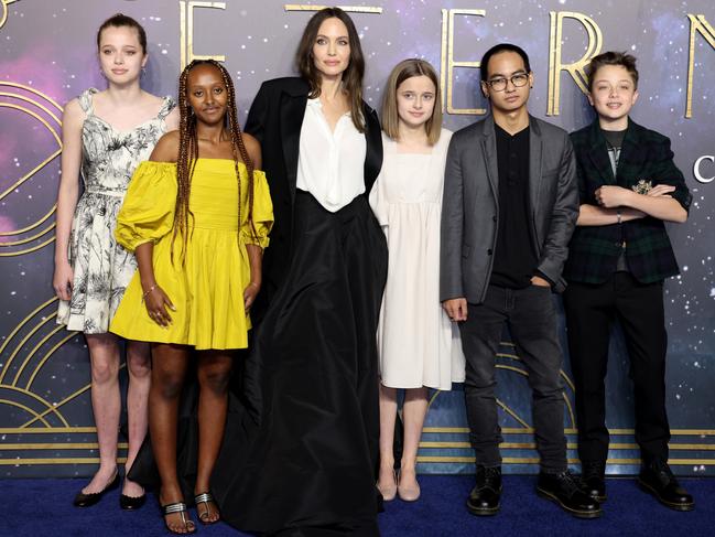 Jolie with all of her children to <i>The Eternals</i>’ UK premiere in 2021. Picture: Tim P. Whitby/Getty Images