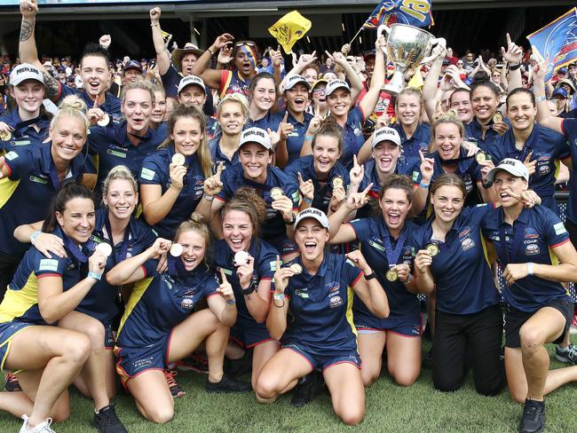 Adelaide’s AFLW premiership team walk around Adelaide Oval. Picture Sarah Reed.