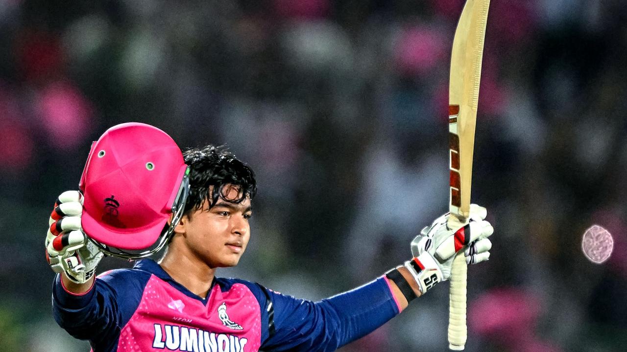 Rajasthan Royals' Vaibhav Suryavanshi celebrates after scoring a century. Picture: Sajjad Hussain/AFP
