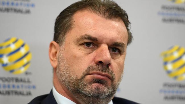 Socceroos head coach Ange Postecoglou looks on during a press conference to announce his resignation, in Sydney, Wednesday, November 22, 2017. Postecoglou has announced he will resign as Socceroos coach and will not be taking the team to the 2018 FIFA World Cup in Russia. (AAP Image/Dan Himbrechts) NO ARCHIVING