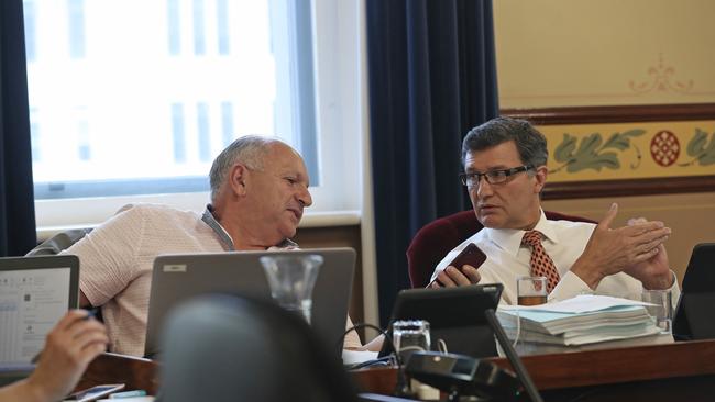 Aldermen Marti Zucco and Peter Sexton at an open Hobart City Council meeting to discuss building heights. Picture: LUKE BOWDEN