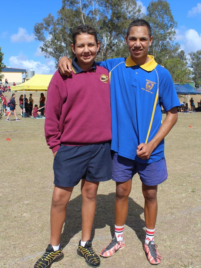 Joven Gyemore, right, at Murgon SHS when he beat his mate Malachi Blow in a 100m dash.