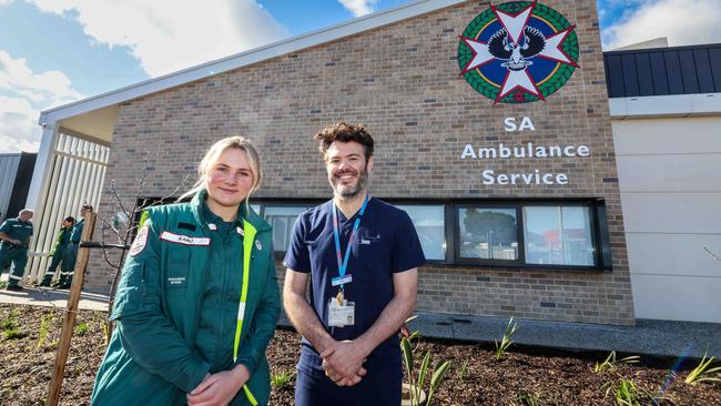 Dr Lane Hinchcliffe, the Central Adelaide Local Health Network medical lead for integrated care, with paramedic intern Karli Falting at the opening of the new Woodville ambulance station and hospital avoidance hub. Picture: Russell Millard