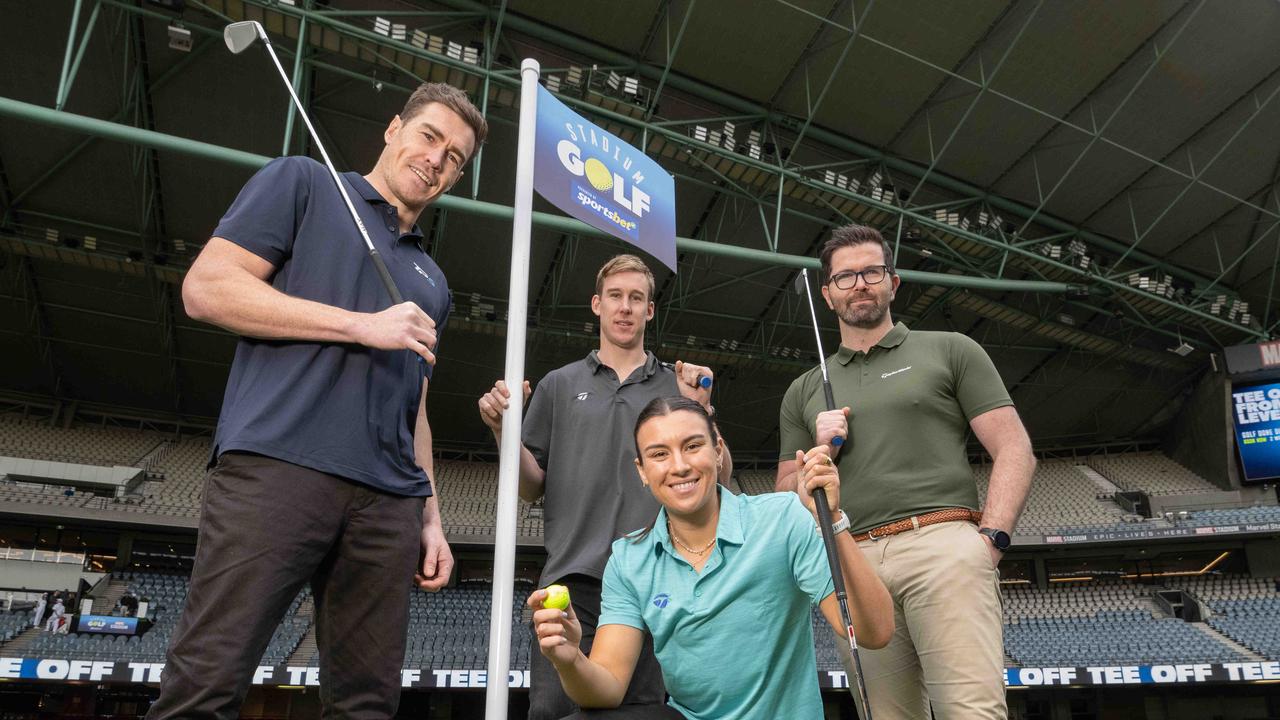 L-R: Geelong’s Jeremy Cameron, Richmond’s Tom Lynch, Essendon’s Bonnie Toogood and Marvel Stadium boss Scott Fitzgerald at the launched this year’s Stadium Golf on Wednesday. Picture: Tony Gough