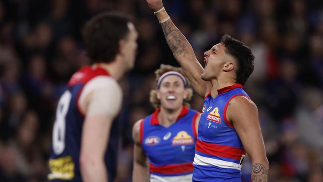 MELBOURNE, AUSTRALIA - AUGUST 02:  Jamarra Ugle-Hagan of the Bulldogs celebrates a goal during the round 21 AFL match between Footscray Football Club and Melbourne Demons at Marvel Stadium, on August 02, 2024, in Melbourne, Australia. (Photo by Darrian Traynor/Getty Images)