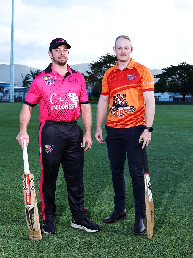 The 2024 Barrier Reef Big Bash begins on Friday night for a fourth season, with a new team, the CA Architects Cyclones, joining the competition. CA Architects Cyclones captain Angus Warnock and Piccones Badgers player Ben McCartney will play each other in the opening round of matches. Picture: Brendan Radke