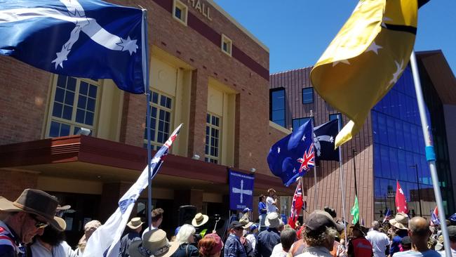 Hundreds of protesters are gathering outside the Ballarat Civic Hall ahead of a day of rallies in the central Victorian city. Picture: Supplied