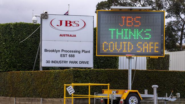 JBS Abattoir in Melbourne. Meat processing plants have had to reduce workforce numbers in accordance with State Government coronavirus regulations.