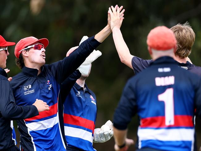 Footscray celebrate taking the wicket of Sam Harbinson of Northcote during the Victorian Premier Cricket Kookaburra Men's Premier Firsts Round 5 match between Northcote and Footscray at Bill Lawry Oval, on November 23, 2024, in Melbourne, Australia. (Photo by Josh Chadwick)