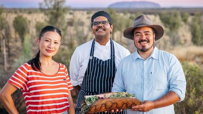 Poh and Adam with Indigenous chef Jayden Weetra in the Northern Territory. Picture: supplied.