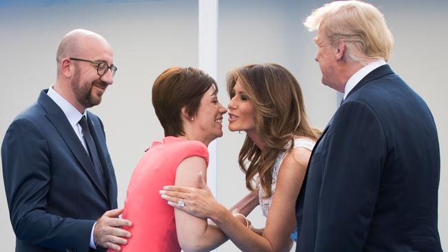 Belgian Prime Minister Charles Michel, his wife Amelie Derbaudrenghien, Melania Trump and US President Donald Trump arrive for a working dinner in Brussels on Wednesday, during the NATO summit. Picture: AFP