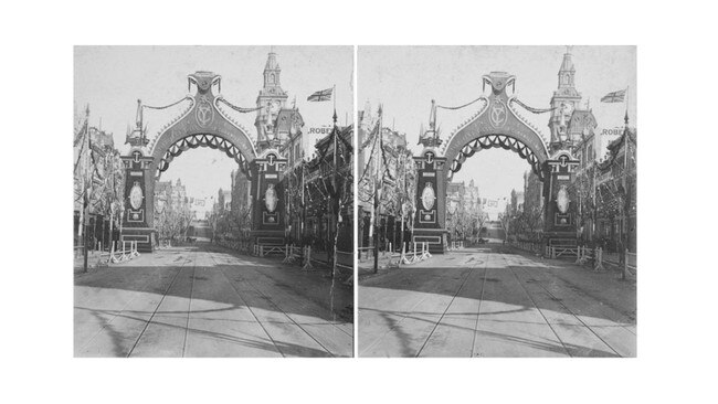 A decorative arch on Bourke St for the visit of the Duke or York in 1901. Picture: State Library of Victoria