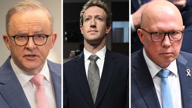 Anthony Albanese, left, and Peter Dutton, right, are set to make the crackdown on social media giants such as Mark Zuckerberg's Meta a key election issue.