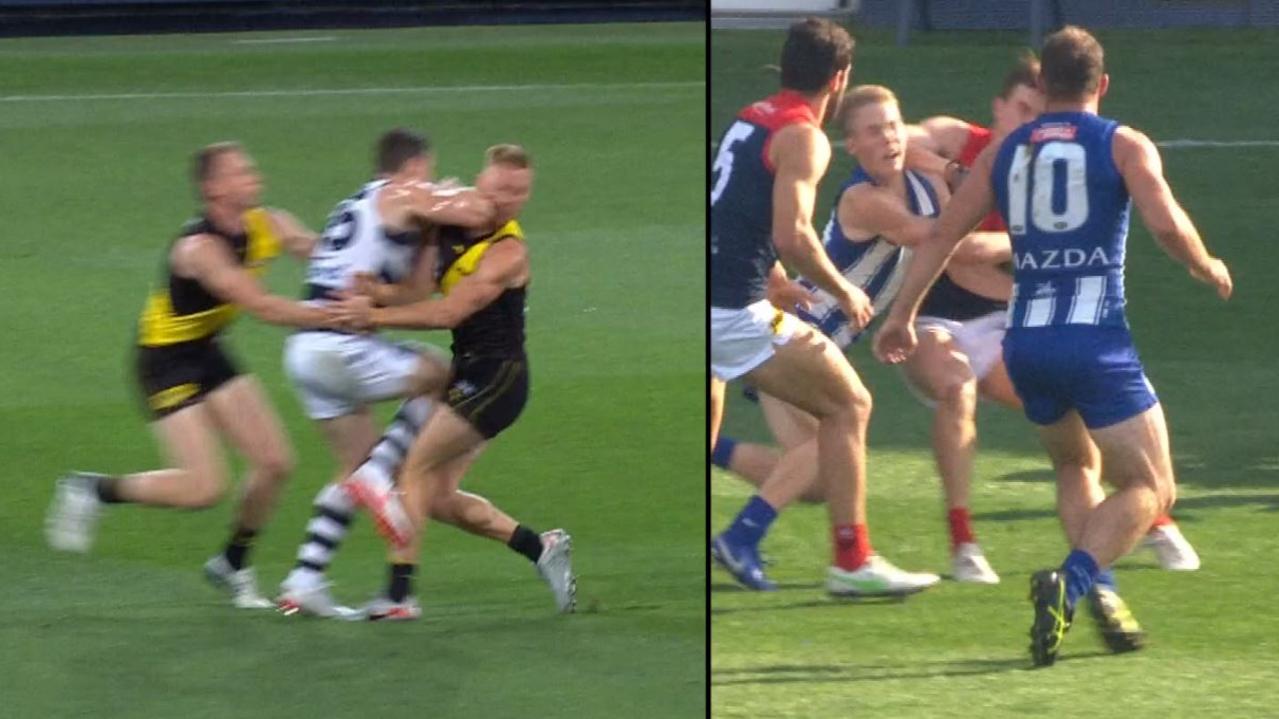 A comparison of Patrick Dangerfield's elbow on Nick Vlastuin, and Bayley Fritsch's elbow on Tom Powell.