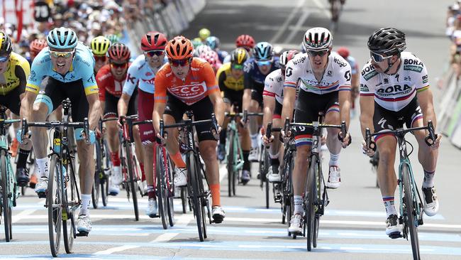 Peter Sagan, right, pips Luis Leon Sanchez, left, on the line at Uraidla for his second Tour Down Under stage win. Picture Sarah Reed