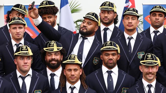 Taniela Tupou takes a photograph during the Australia Wallabies Official Rugby World Cup Welcome Ceremony ahead of the Rugby World Cup France 2023.