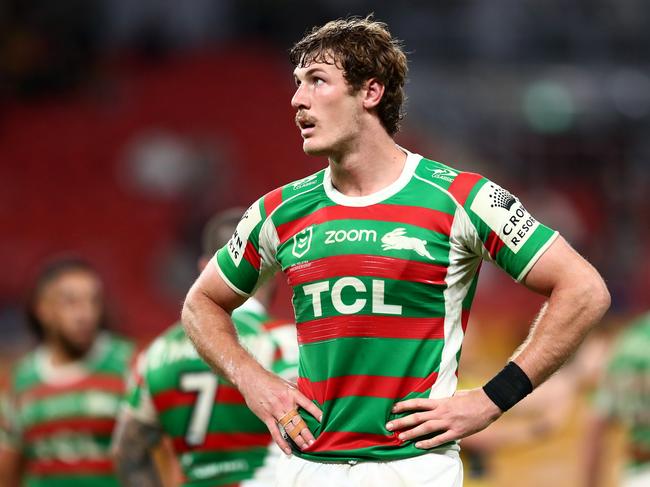 BRISBANE, AUSTRALIA - AUGUST 20: Campbell Graham of the Rabbitohs looks on during the round 23 NRL match between the Penrith Panthers and the South Sydney Rabbitohs at Suncorp Stadium, on August 20, 2021, in Brisbane, Australia. (Photo by Chris Hyde/Getty Images)