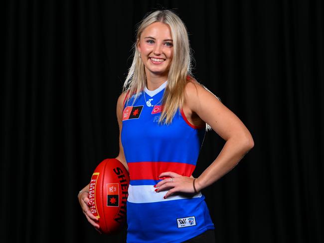 Brooke Barwick after she was drafted by the Bulldogs. (Photo by Morgan Hancock/AFL Photos/Getty Images)