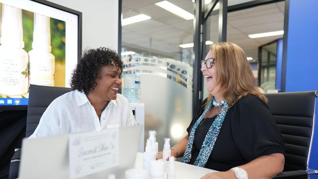 Nicole Skerman and Petina Tieman at Complete Business Solutions and Cairns Business Hub developing a greater online presence for Sacred Skin Co. Picture: Nuno Avendano