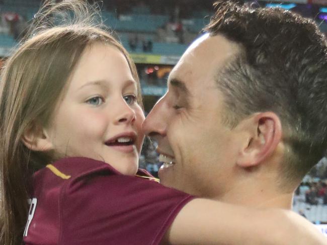 Billy Slater with his daughter. Queensland vs New South Wales for game 2 in the Origin Series at ANZ Stadium in Sydney. Pic Peter Wallis