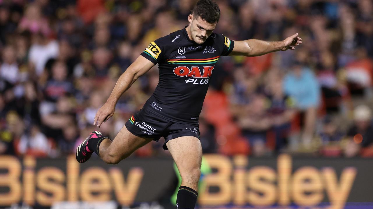 Nathan Cleary came back on and kicked in the second half, but he’ll be sent for scans to determine the extent of his ankle injury. Picture; Cameron Spencer/Getty Images