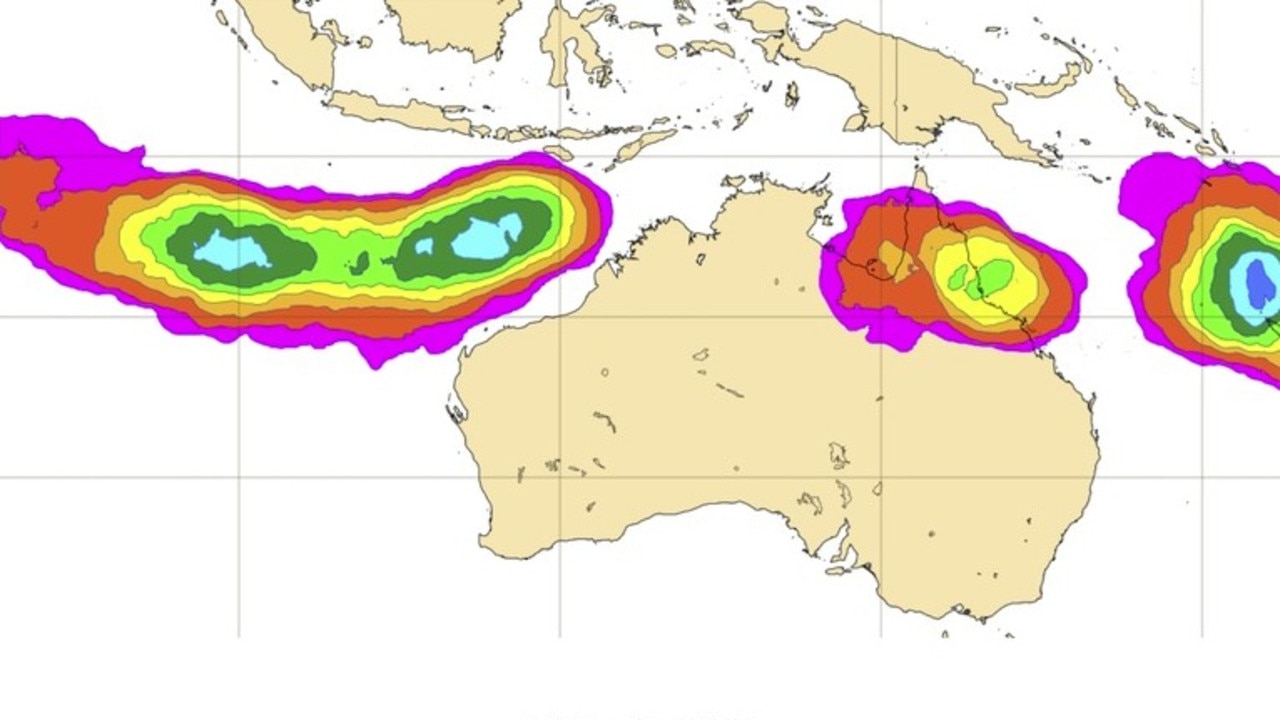 The likelihood of a tropical cyclone forming, showing it could be located within a 300 km radius from a given location and within a time window of 48 hours. Picture: ECMWF via Weatherzone